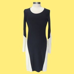 LACOSTE Navy White Color Block Stretch Jersey Pencil Dress Long Sleeve